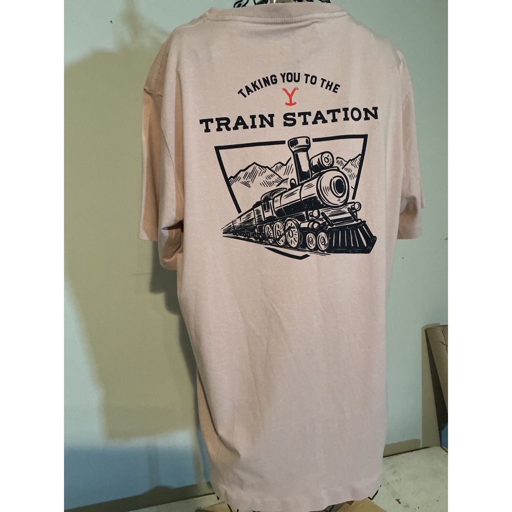 Pins & Aces Yellowstone Train Station Golf T-Shirt Pink Mens Large